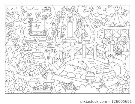 Vector empty black and white fairy garden background. Fairytale little princess back yard landscape. Magic orchard line scenery with fountain, pond, bench. Fantasy scene illustration, coloring page 126005691