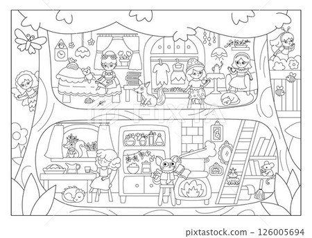 Vector black and white acorn fairy house background with cute girls. Woodland princess home interior landscape. Fantasy forest line scene. Magic fairytale treehouse scenery, coloring page 126005694