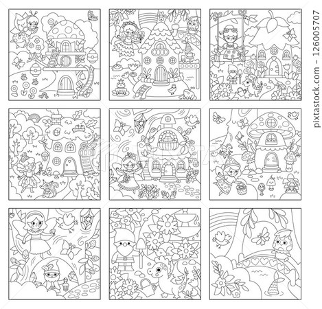 Vector black and white square fairyland backgrounds set. Cute fairy land line landscape collection. Woodland scenery with magic princess, treehouse, animals. Fantasy forest coloring page Vector black and white square fairyland backgrounds set. Cute fairy land line landscape collection. Woodland scenery with magic princess, treehouse, animals. Fantasy forest coloring page 126005707