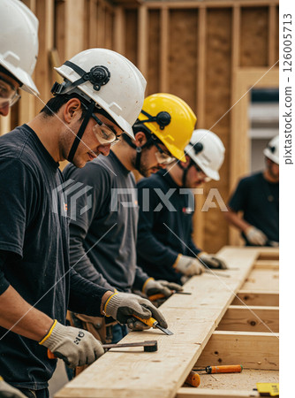 Industrial construction team at work: crafting wooden structures in safety gear for sustainable building projects 126005713