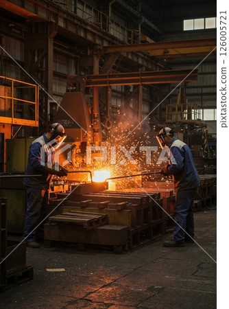 Industrial steel manufacturing process with skilled workers in action 126005721
