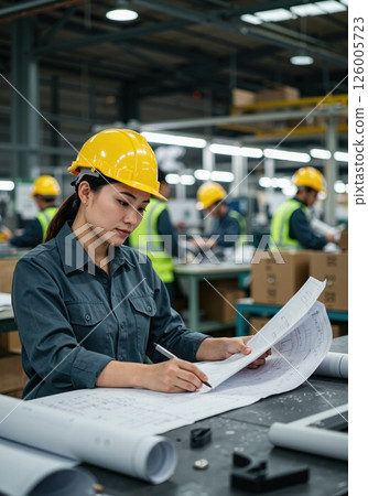 Industrial teamwork in a modern factory setting with engineers and construction workers analyzing blueprints for project planning 126005723