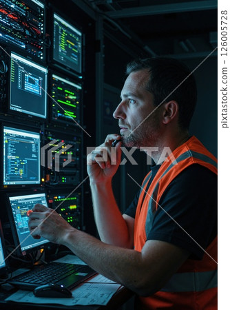 It specialist managing servers in data center with advanced technology for network security and monitoring 126005728