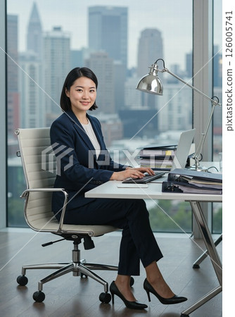 Modern office professional in elegant suit with cityscape background for business inspiration and corporate branding design 126005741