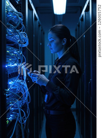 Professional it technician managing server rack in data center environment with blue led lighting 126005752