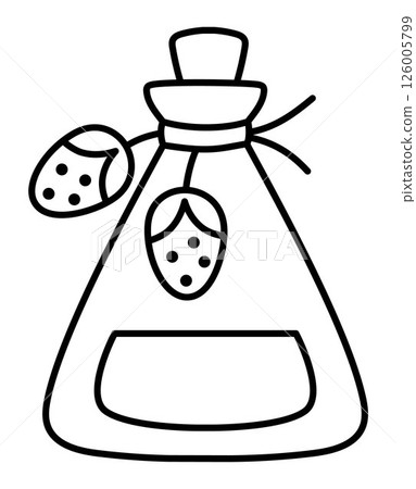 Vector black and white strawberry magic potion icon. Cute glass jar with berry elixir or brew. Woodland princess or witch line clipart. Fantasy forest illustration, coloring page. Magic fairytale 126005799