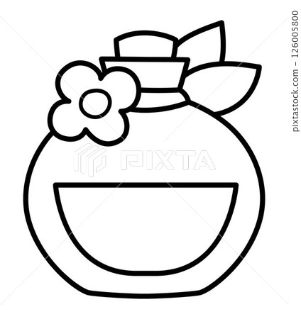 Vector black and white flower magic potion icon. Cute glass jar with elixir or brew. Woodland princess or witch line clipart. Fantasy forest illustration, coloring page. Magic fairytale drink 126005800