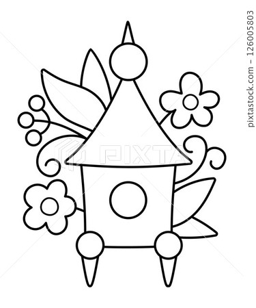 Vector black and white bird house icon decorated with wild flowers. Magic nestling house line clipart. Woodland home for fledgling. Forest fairy tale illustration, coloring page isolated on white Vector black and white bird house icon decorated with wild flowers. Magic nestling house line clipart. Woodland home for fledgling. Forest fairy tale illustration, coloring page isolated on white 126005803