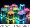 Colorful Glowing Gift Boxes with Neon Ribbons in Futuristic Style, Shiny Wrapped Presents on Dark Background, Bright Light Effects for Holiday, Celebration, Party, or Digital Festive Concepts 126005823