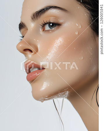 Young girl with clean beautiful and well-groomed skin with water drops. Close-up photo for design 126005841