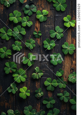 Rustic clover leaf pattern on weathered wooden planks for st. patrick's day decorations and nature-inspired designs Rustic clover leaf pattern on weathered wooden planks for st. patrick's day decorations and nature-inspired designs 126005929