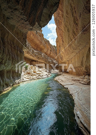 Serene canyon river escape: tranquil waters and sculpted rock formations in natural sunlight 126005937