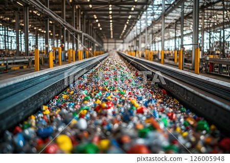 Vibrant recycling process in industrial facility with colorful plastic bottles and efficient production line 126005948