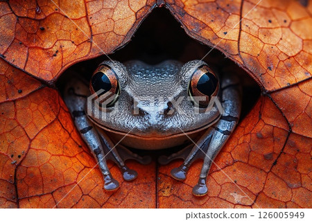 Vibrant tree frog sheltering within autumn leaves in macro nature close-up Vibrant tree frog sheltering within autumn leaves in macro nature close-up 126005949