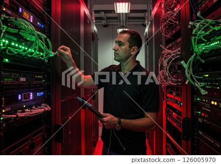 Data center management and network maintenance with professional technician 126005970