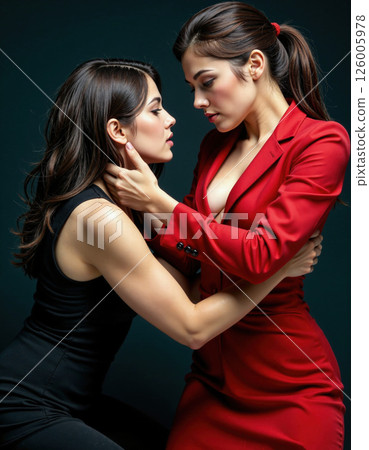 Dynamic encounter of confidence and connection in bold red and black fashion 126005978