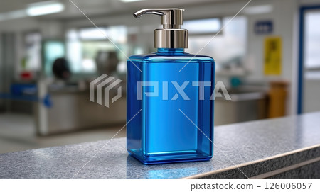 Blue liquid soap or sanitizer dispenser pump bottle on counter, blurred background 126006057