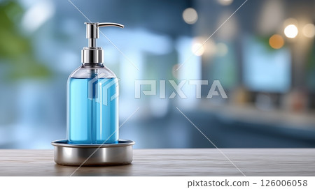 Clear pump dispenser with blue liquid soap in holder on wood table 126006058