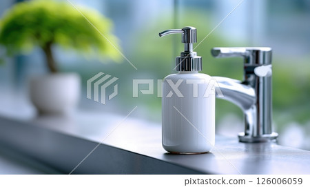 White soap dispenser bottle beside chrome faucet near blurred window plant 126006059