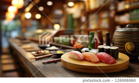Assorted sushi platter on wooden board at Japanese restaurant sushi bar counter 126006060