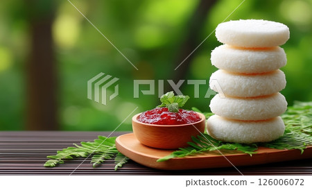 Stacked white steamed rice cakes served with red jam or chutney and mint 126006072