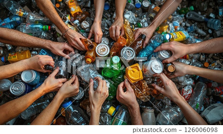 Collaborative environmental effort: diverse hands recycling plastic and metal waste for a greener planet initiative 126006098