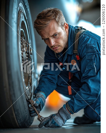 Focused aircraft mechanic repairing landing gear of a plane in hangar 126006110