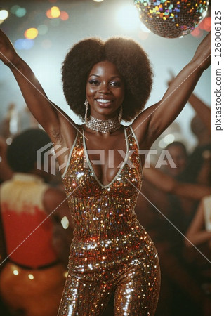 Glamorous disco night vibes with glittering fashion in retro dance scene Glamorous disco night vibes with glittering fashion in retro dance scene 126006125