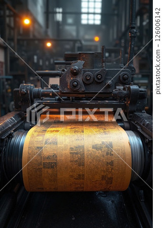 Industrial vintage printing press in action producing yellow newspaper roll for historical themed projects and retro designs 126006142