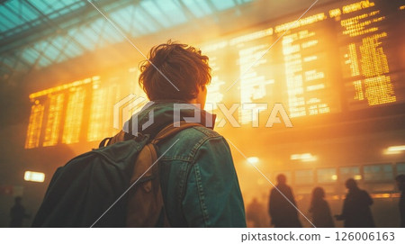 Traveler viewing departure board in busy sunlit train station for worldwide adventure Traveler viewing departure board in busy sunlit train station for worldwide adventure 126006163