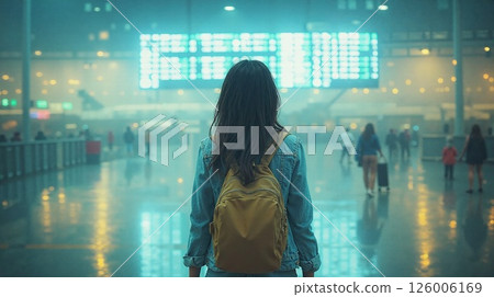 Urban travel adventure: explorer in busy train station with neon ambiance 126006169