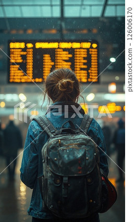 Urban travel adventure: woman at busy train station with backpack and departure board Urban travel adventure: woman at busy train station with backpack and departure board 126006170
