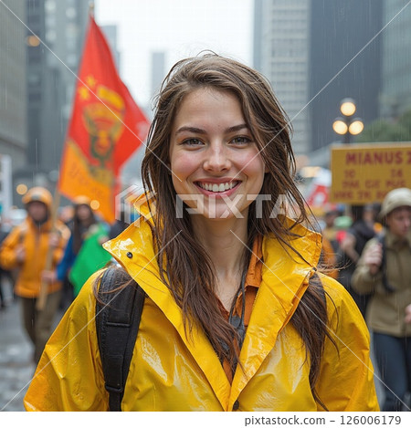 Vibrant urban protest scene with smiling activist in yellow raincoat showcasing joyful determination on a rainy day 126006179