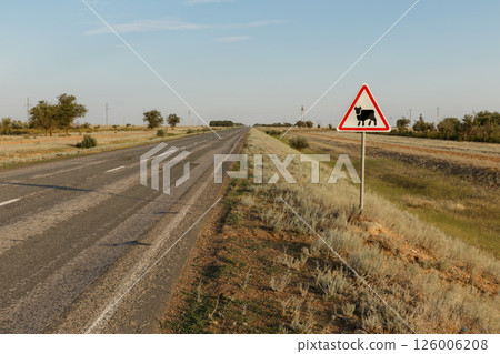 Cattle crossing warning sign along road in West Kazakhstan Region, Kazakhstan 126006208