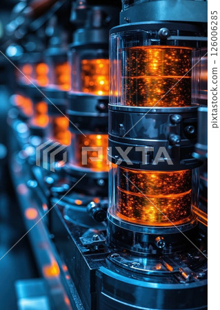 Futuristic industrial machinery with illuminated coils in vibrant metallic setting for technological innovation and advancement 126006285