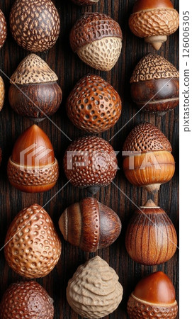 Intricate carved wooden acorns on textured wooden background - natural decor inspiration 126006305