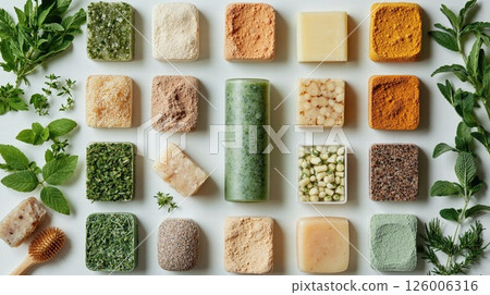Natural herbal soap bars display with ingredients - eco-friendly bath essentials for sustainable skincare 126006316