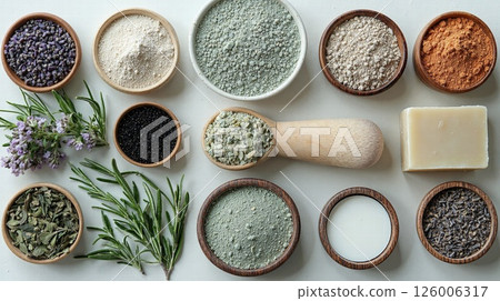Natural ingredients for homemade skincare: herbs, clays, and essential oils on a rustic surface 126006317