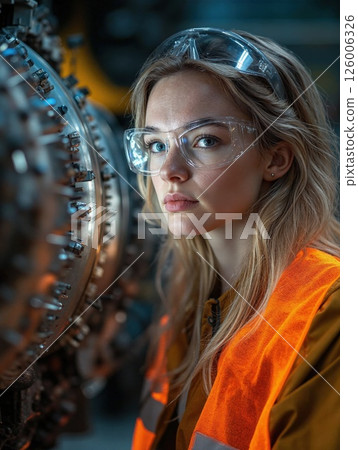 Skilled engineer in industrial setting wearing safety gear for modern technology and innovation 126006326