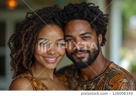 Warm smiles and embraces: portrait of a happy couple in vibrant fashion outdoors for relationship and lifestyle inspiration 126006349
