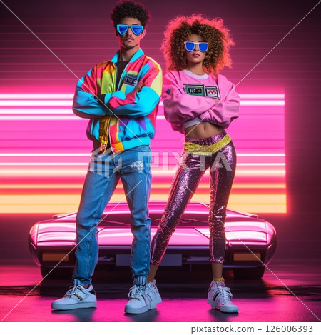 Stylish Retro 80 Couple in Front of Neon Car and Sunset  AI Generated 126006393