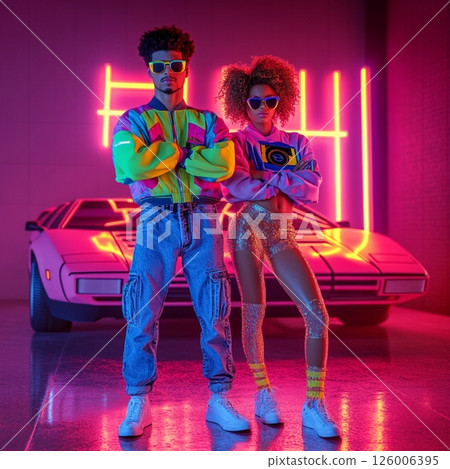 Stylish Retro 80 Couple in Front of Neon Car and Sunset  AI Generated 126006395