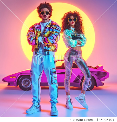 Stylish Retro 80 Couple in Front of Neon Car and Sunset  AI Generated Stylish Retro 80 Couple in Front of Neon Car and Sunset  AI Generated 126006404
