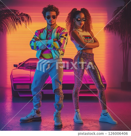 Stylish Retro 80 Couple in Front of Neon Car and Sunset  AI Generated 126006406