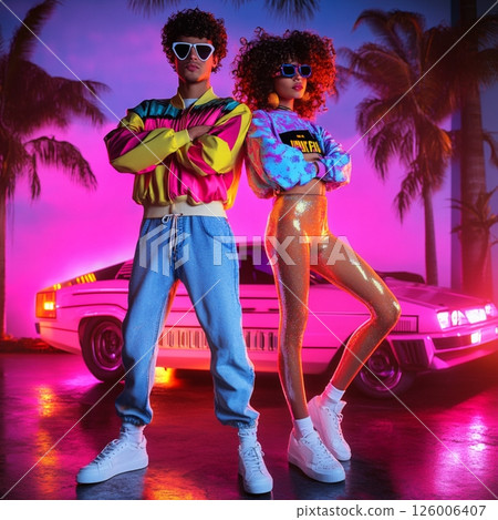 Stylish Retro 80 Couple in Front of Neon Car and Sunset  AI Generated 126006407