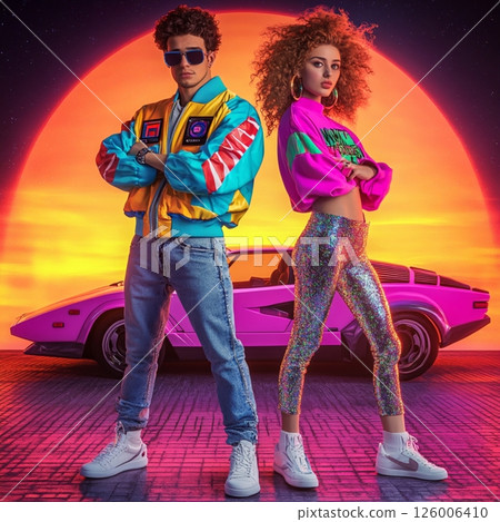 Stylish Retro 80 Couple in Front of Neon Car and Sunset  AI Generated Stylish Retro 80 Couple in Front of Neon Car and Sunset  AI Generated 126006410