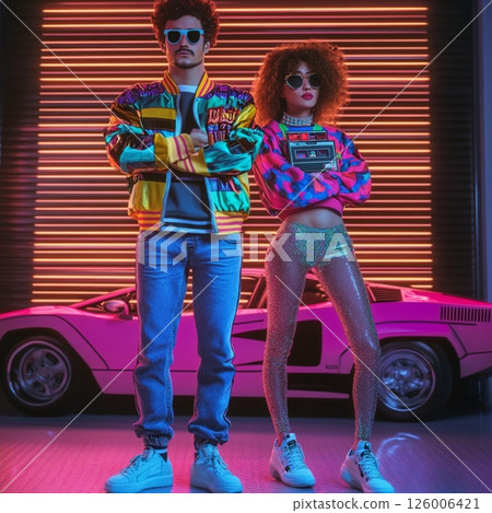 Stylish Retro 80 Couple in Front of Neon Car and Sunset  AI Generated 126006421