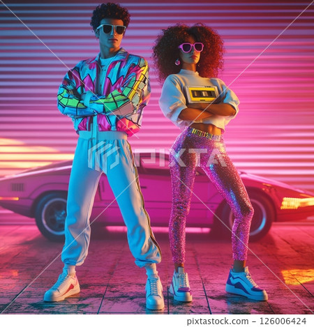 Stylish Retro 80 Couple in Front of Neon Car and Sunset  AI Generated Stylish Retro 80 Couple in Front of Neon Car and Sunset  AI Generated 126006424