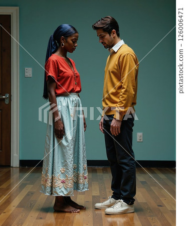 Introspective moment between two individuals in vibrant attire reflecting interpersonal dynamics 126006471