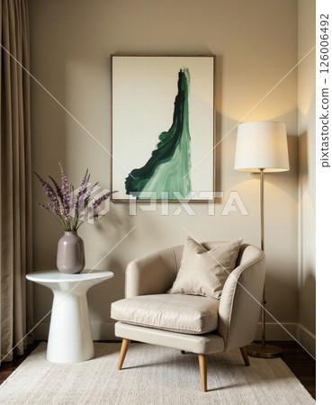Modern minimalist interior design with neutral tones and abstract green art Modern minimalist interior design with neutral tones and abstract green art 126006492